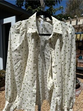 glam Cream Button-Down Shirt with Green Polka Dots NWT